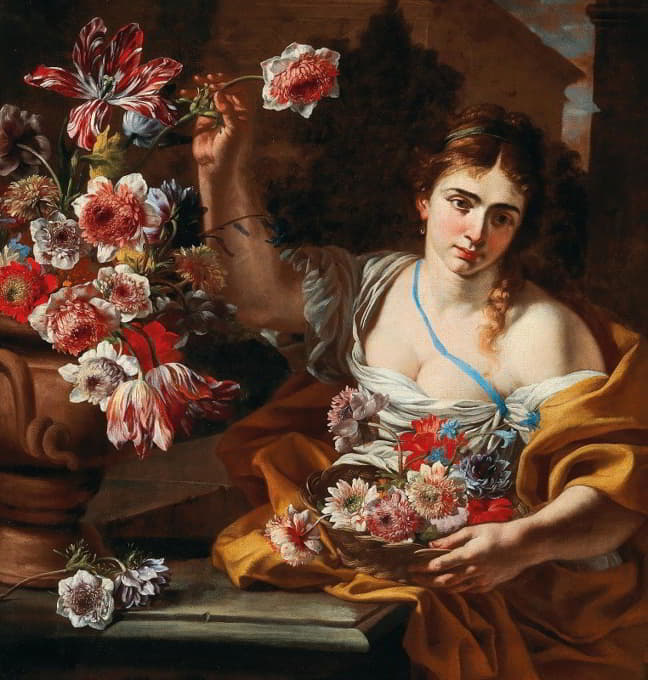 Abraham Brueghel - A Young Woman Taking A Flower From A Vase