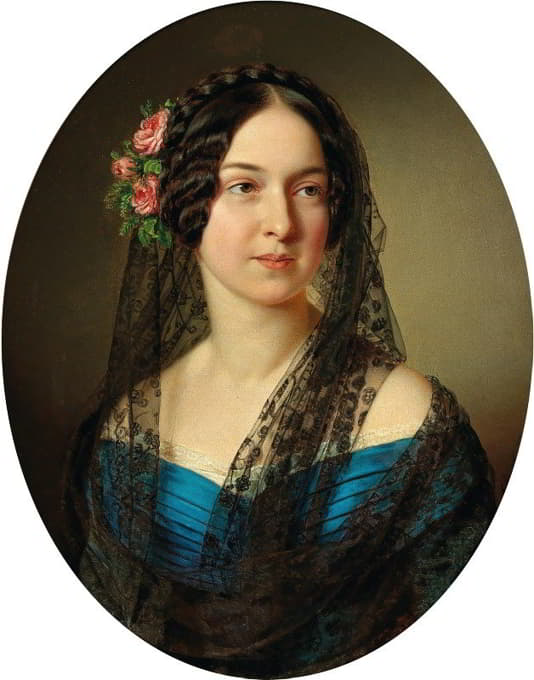 一位头发上插着玫瑰的女士的肖像