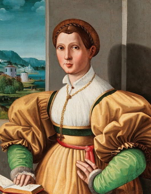 一位女士的肖像，半身，穿着绿色袖子的黄色连衣裙，室内有一本书，远处的风景