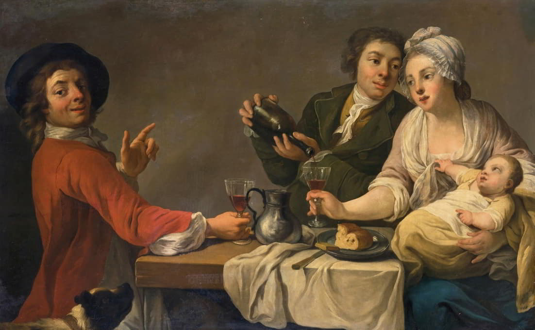 两名年轻男子和一名妇女抱着一个孩子坐在桌旁喝酒