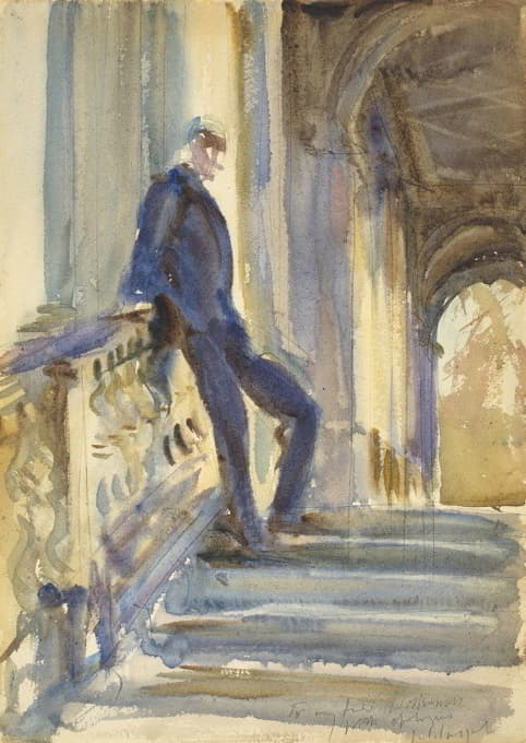 奈维尔·威尔金森爵士站在威尔顿大厦帕拉弟奥桥的台阶上