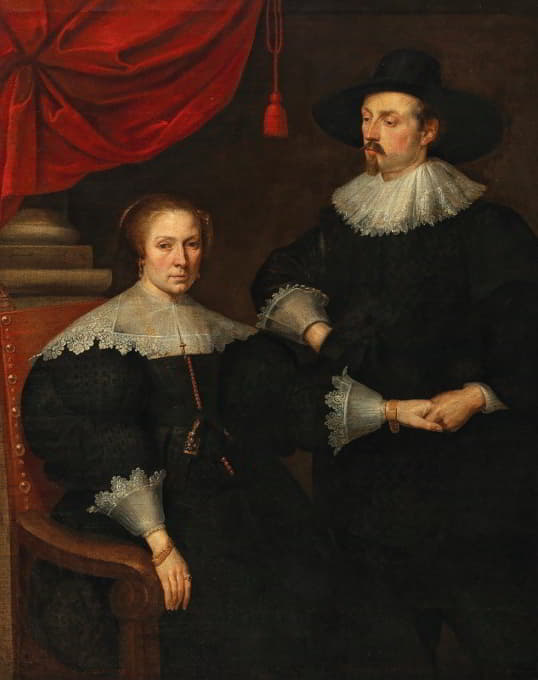 一位女士坐着的肖像，一位男士握着她的手