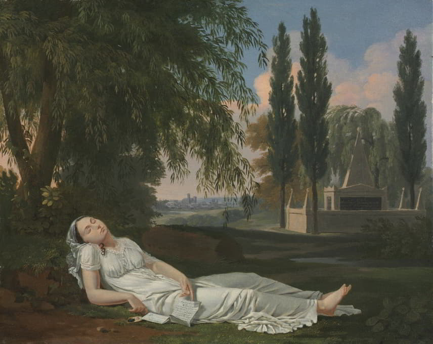带着一封信睡在风景中的女人