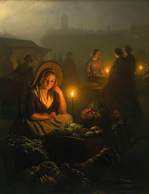 Petrus van Schendel - Night-Market In Amsterdam, With The Dam Palace And The Nieuwe Kerk In The Background