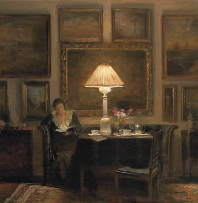 Carl Holsøe - A lady reading by lamplight