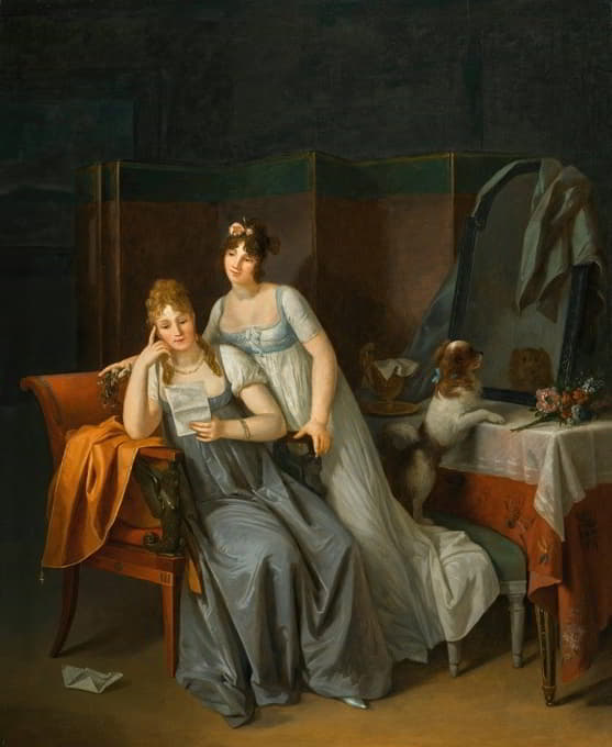 两位女士在室内读一封信，一只狗在长凳上对着镜子