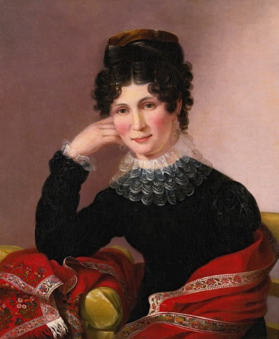 一位年轻女子的肖像，带花边衣领和佩斯利流苏披肩