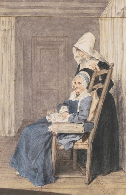 Louis Carrogis - Portrait Of Marie Louise Petit, At The Age Of 105, With A Nurse Standing Behind