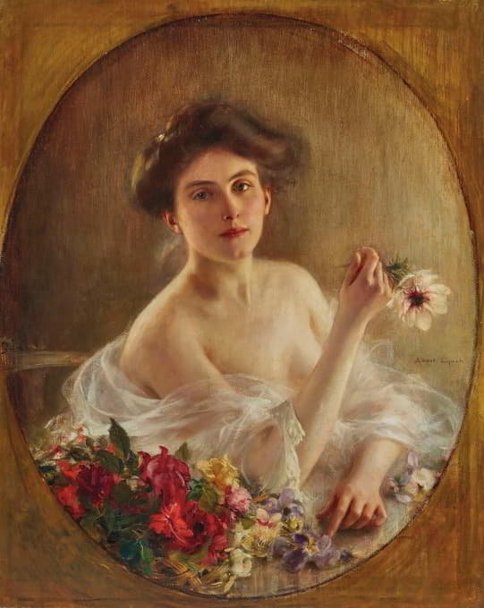一位带花的年轻女子的画像