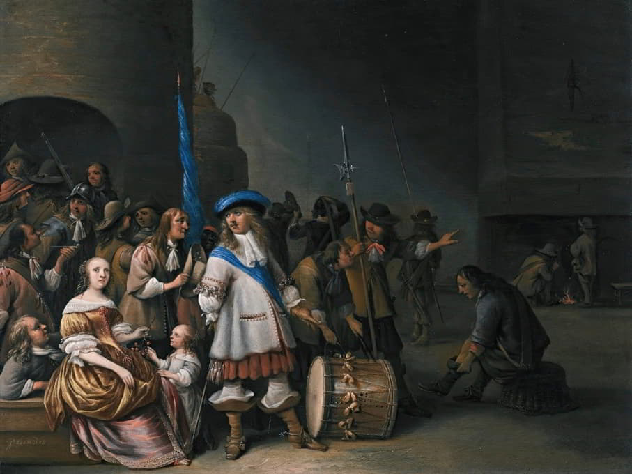 Anthonie Palamedesz. - A guardroom interior with an officer, his men and a mother and child