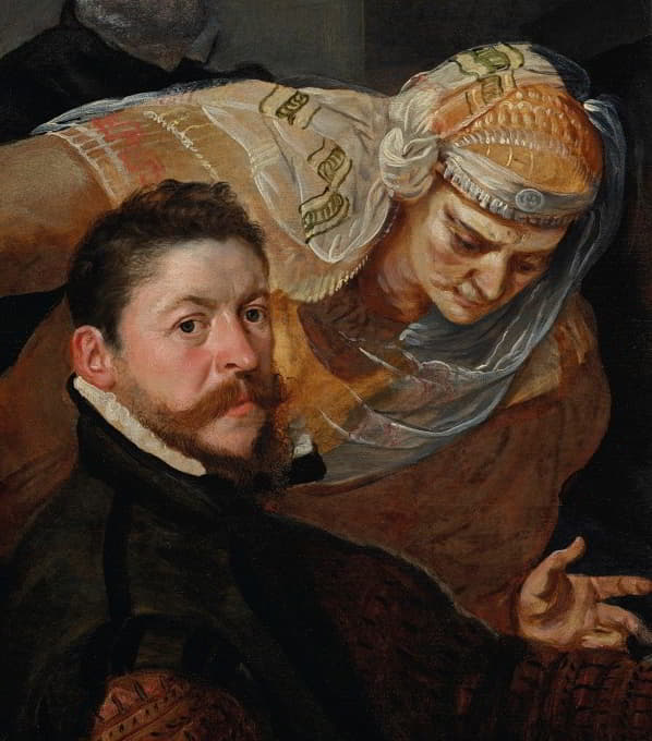 一位艺术家的肖像，坐着，一个女人靠在他的肩膀上