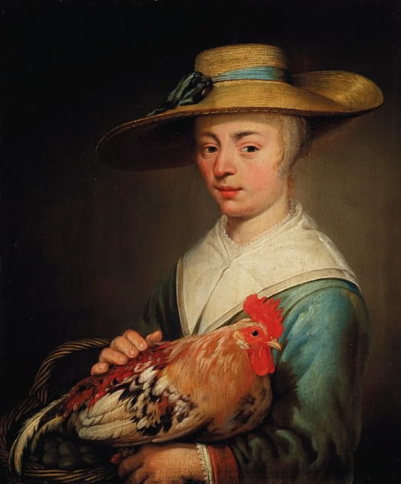 一个戴草帽，拿着一只母鸡和一篮子鸡蛋的年轻女子