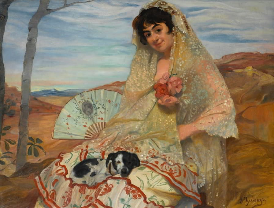 Ignacio Zuloaga - Joven sentada con un perro (seated woman with dog)