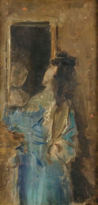 Alfred Stevens - Girl in blue looking in a mirror