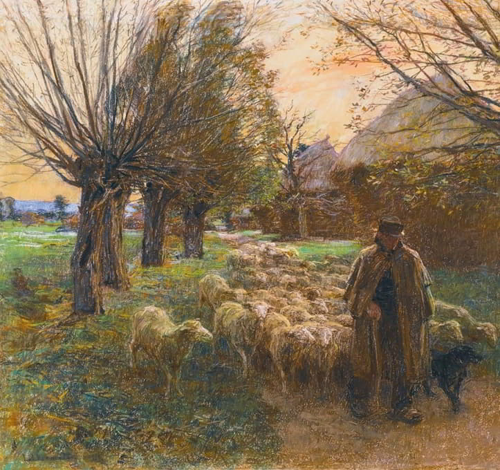 晚上牧羊人和他的羊群
