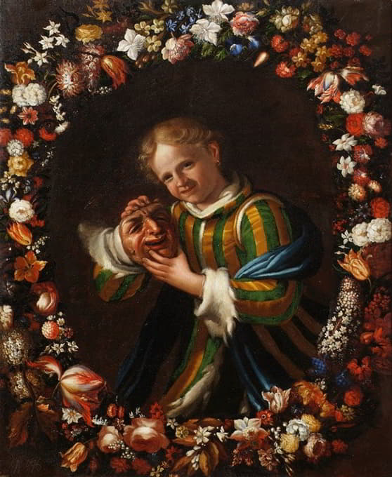 Franz von Margety - Kind mit Larve im Blumenkranz