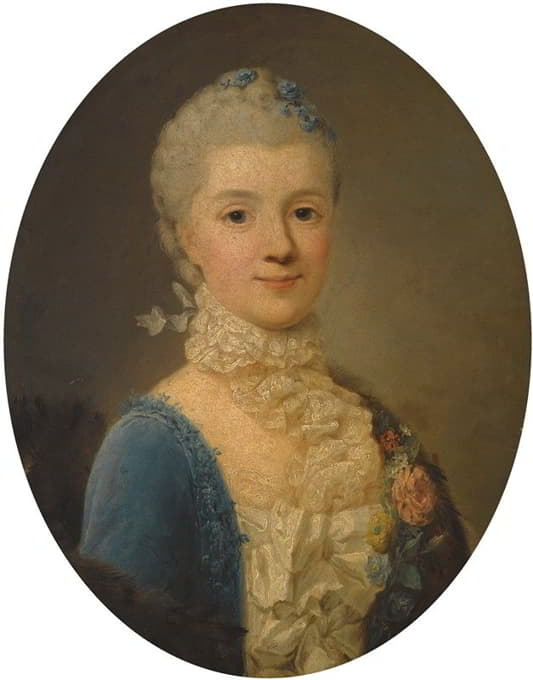 一位女士的肖像，穿着蓝色连衣裙和蕾丝衣领