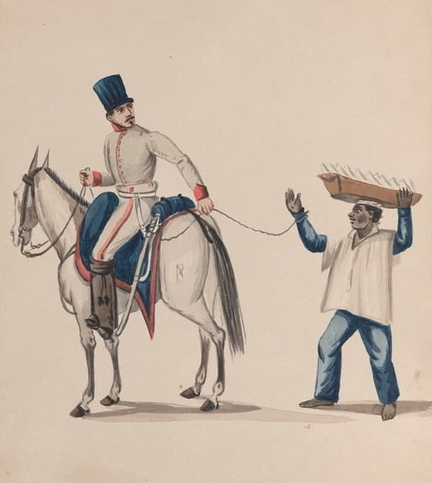 一个骑马的士兵拿着一根绳子，用来固定一个被奴役的土著男子，他正在平衡头上的篮子
