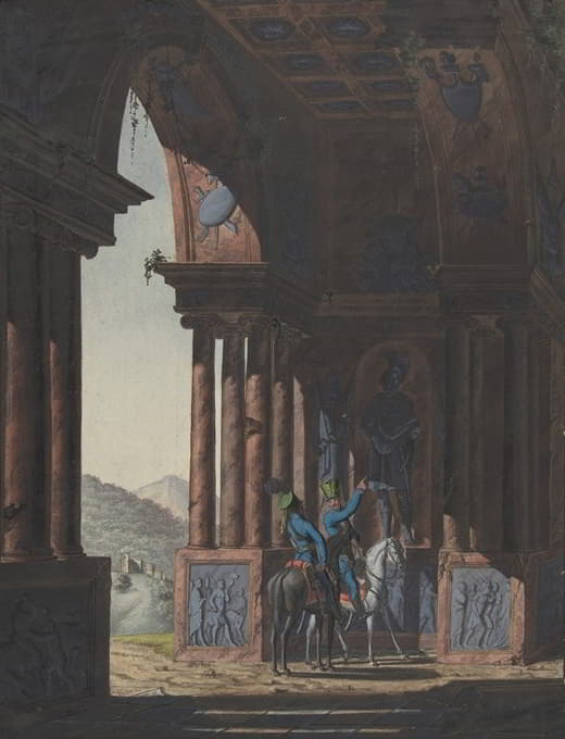 两名骑兵在古典废墟中，为克雷姆斯的一首诗