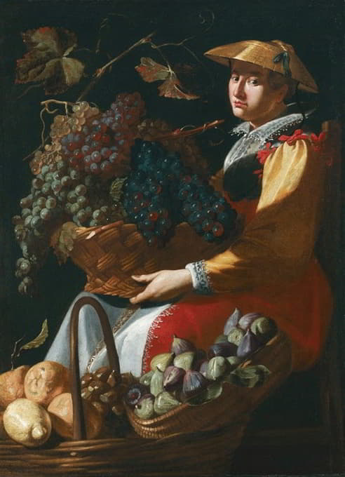 卖水果的女士，包括无花果、柠檬和葡萄