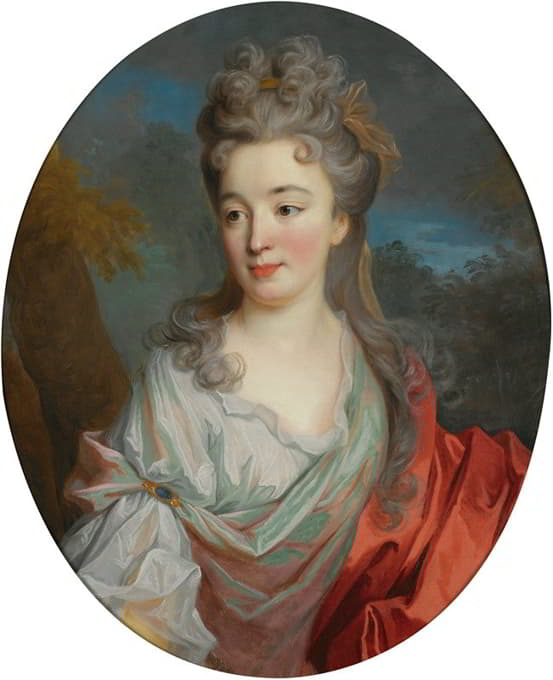 一位女士的肖像，半身，白色衬衫，红色腰带，远处的风景