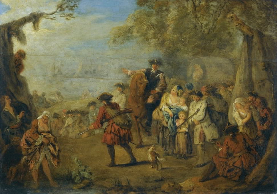 Jean-Baptiste Pater - Figures In A Military Encampment With A Horseman Directing Troops