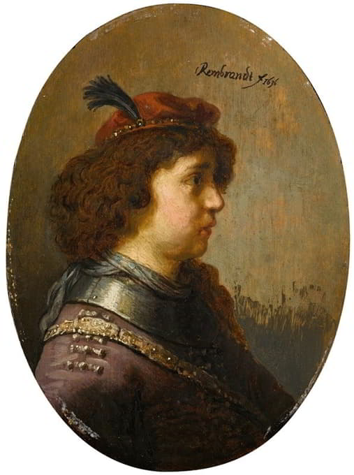 Manner of Rembrandt van Rijn - Portrait of a young man in armour and a red feathered cap