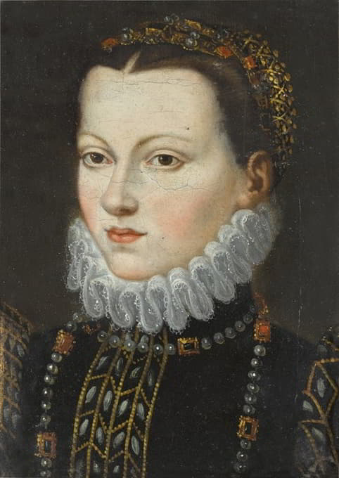 一位年轻女子的肖像，胸围长，穿着刺绣外套，戴着珍珠项链和头饰