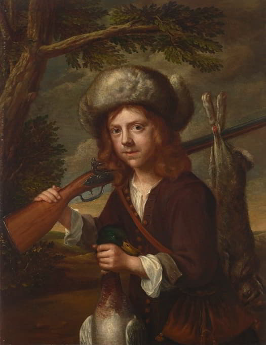 一个年轻的猎人，戴着皮帽，拿着步枪，野鸭和野兔