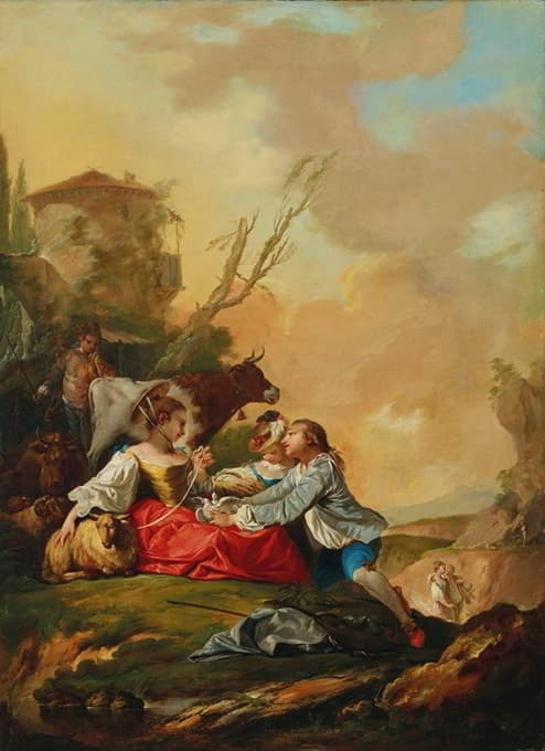一个牧歌场景，一个男孩在岩石景观中为牧羊女献鸽子