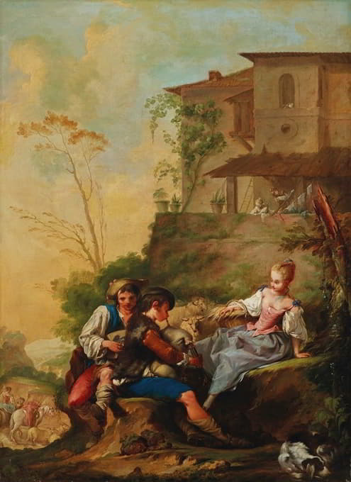 Jean Barbault - A pastoral scene with two musicians serenading a shepherdess