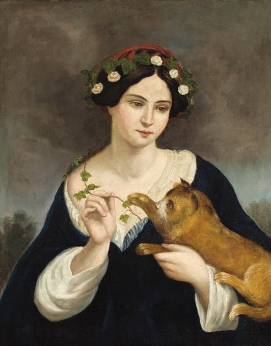 Juan Cordero - Portrait of a Woman with a Cat and Ivy