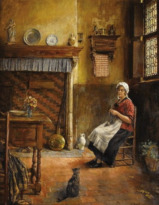 Victor Anthonis - Domestic Interior with Woman Knitting