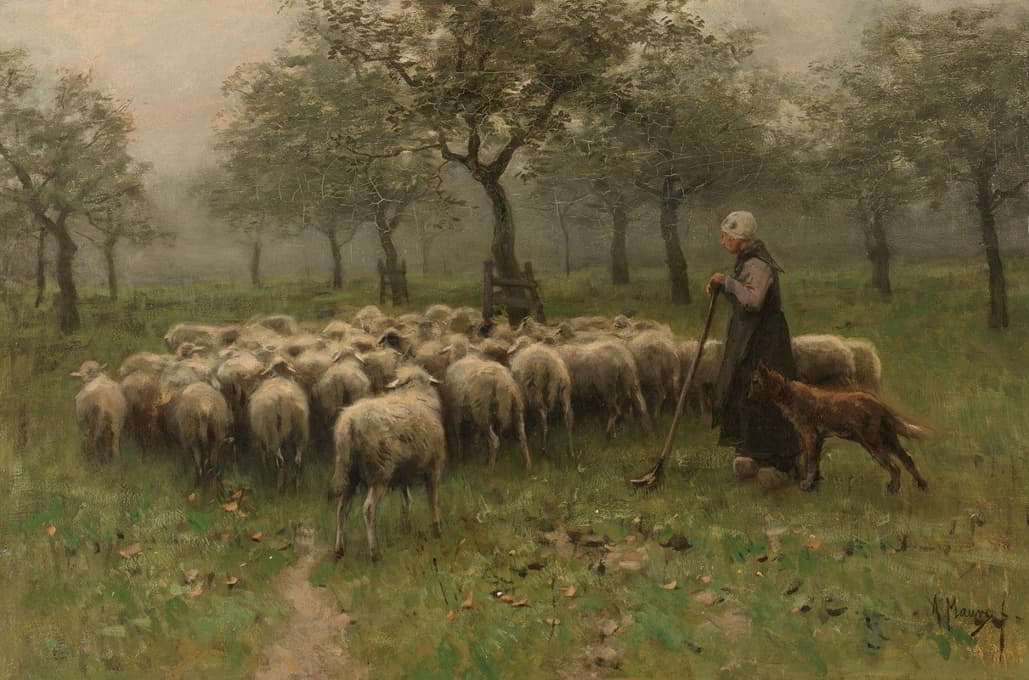 带着一群羊的牧羊女