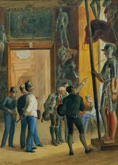 Carl Goebel the younger - Österreichische Offiziere und zwei Tiroler besichtigen die Ambraser Sammlung im Unteren Belvedere
