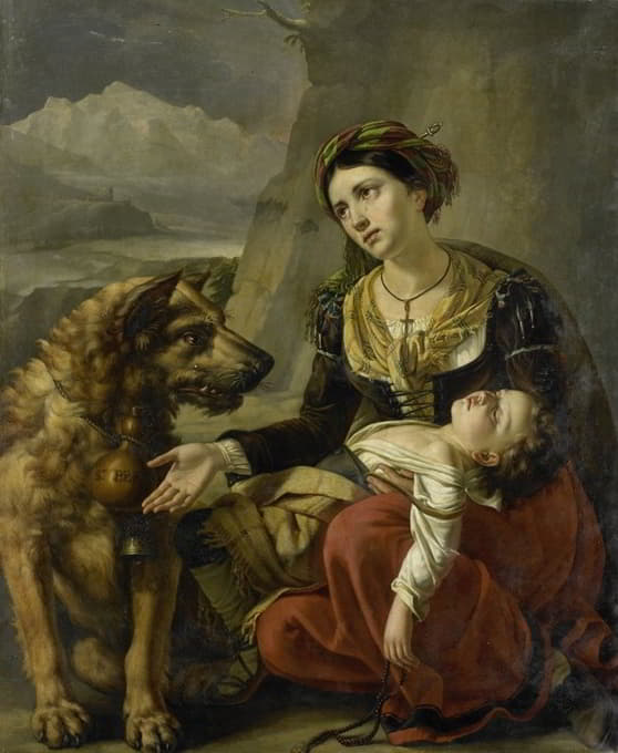 一只圣伯纳德狗来帮助一位带着生病孩子的迷路妇女