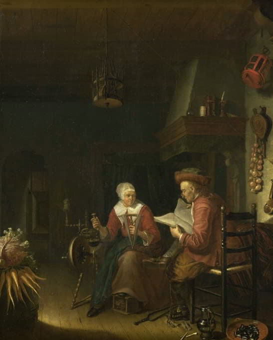 Domenicus van Tol - Interior with a man reading and a woman spinning yarn