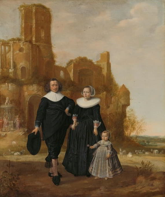 风景画中一对夫妇及其孩子的肖像