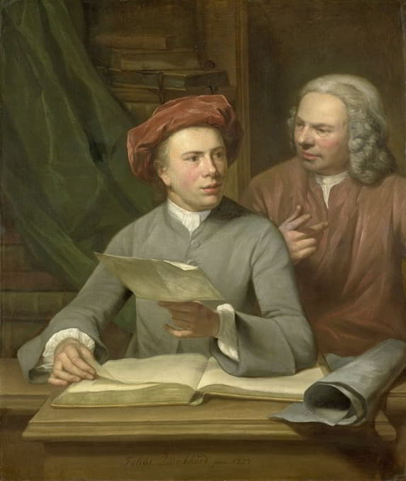 自画像。站在艺术家旁边的是他的父亲兼老师简·毛里茨·昆哈德（1688-1772）