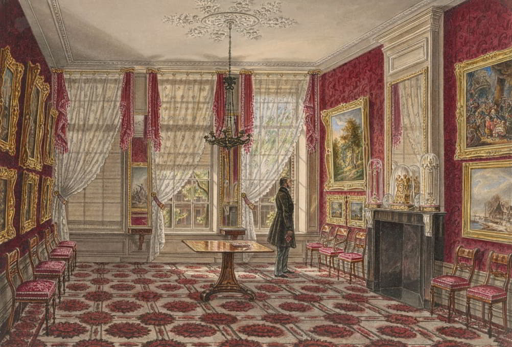 Augustus Wijnantz - 19e eeuws interieur met schilderijen en staande figuur