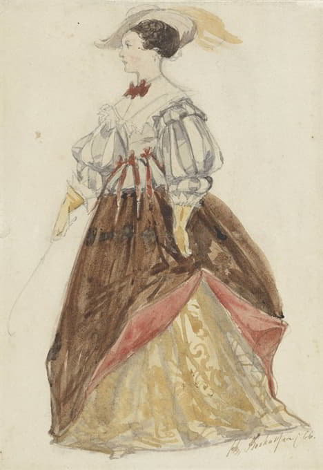 Charles Rochussen - Vrouw in rijkostuum, met hoed op en zweep in de hand