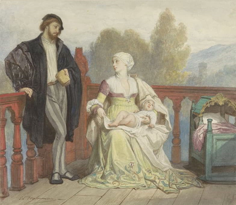 Edouard Hamman - Francesca di Rimini en Paolo di Polenta met kind op een balkon