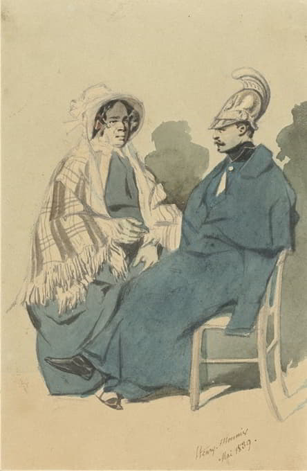 Henry Bonaventure Monnier - Kurassier met helm en blauwe mantel, zittend naast een oude dame in reistoilet