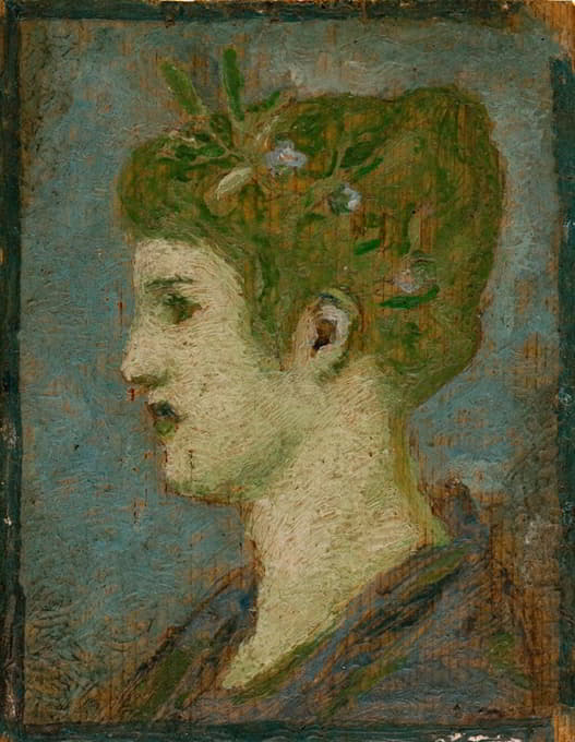 一个戴着树叶的女人的头，左侧轮廓