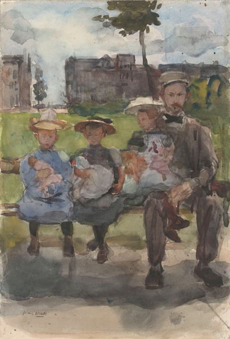 阿姆斯特丹奥斯特公园，一名男子和三个女孩坐在长凳上