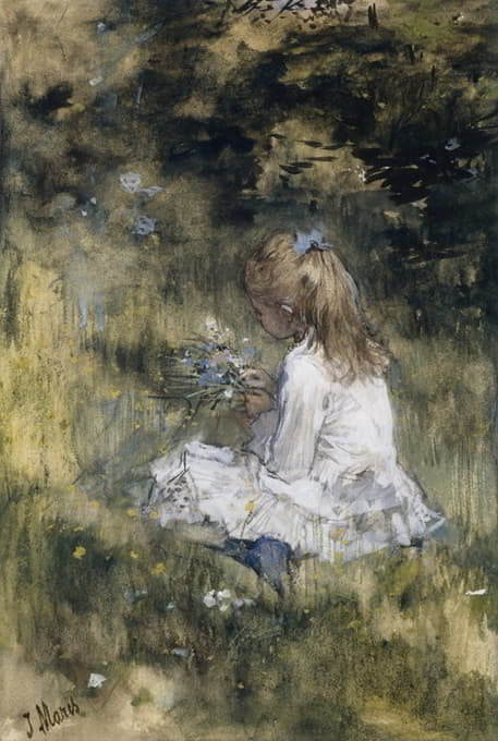 Jacob Maris - A Girl with Flowers on the Grass