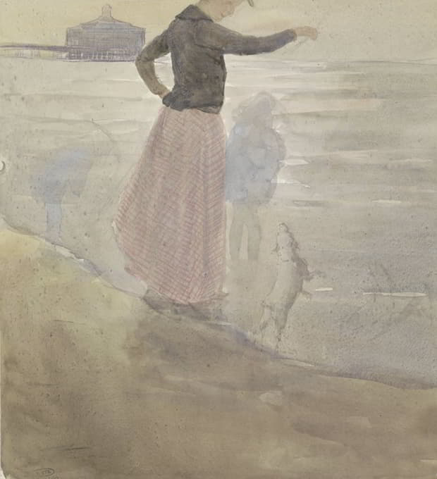 Johan Antonie de Jonge - Vrouw met twee kinderen en een hondje aan het strand