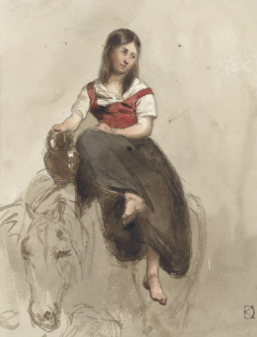Johan Daniël Koelman - Vrouw op een paard gezeten met kan