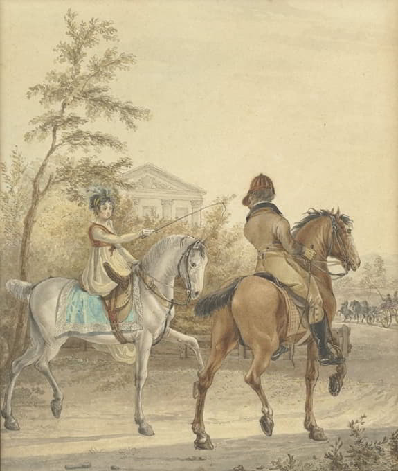 在乡村公路上骑马的男人和女人