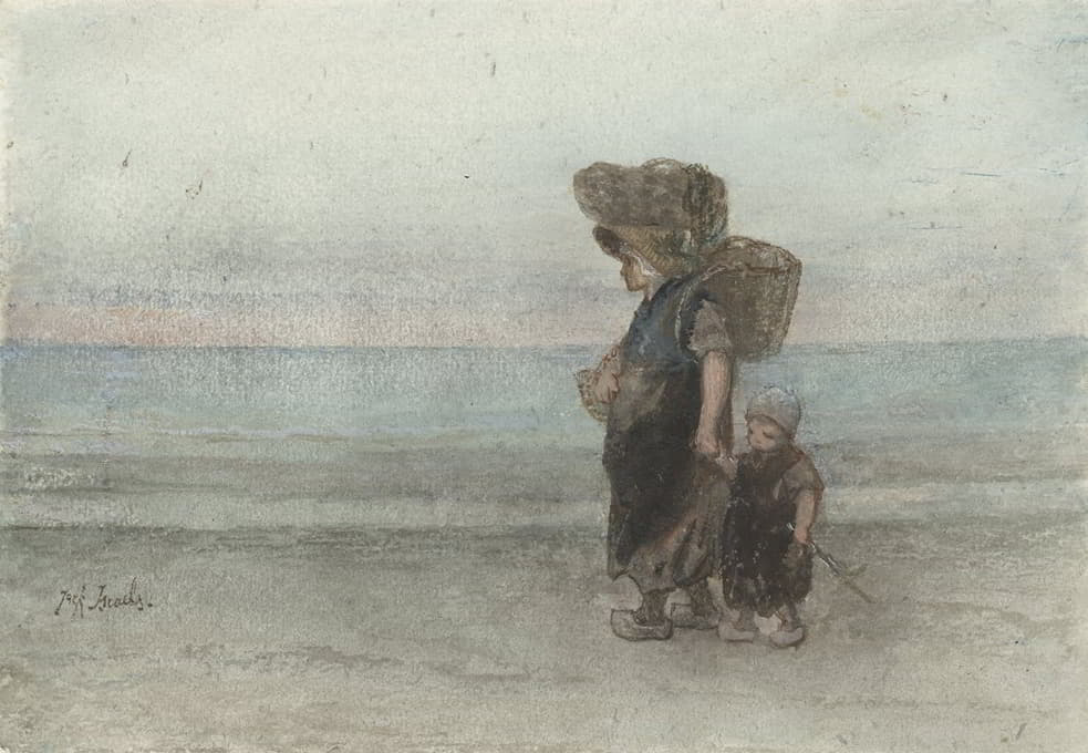 带着孩子在海滩上散步的女人